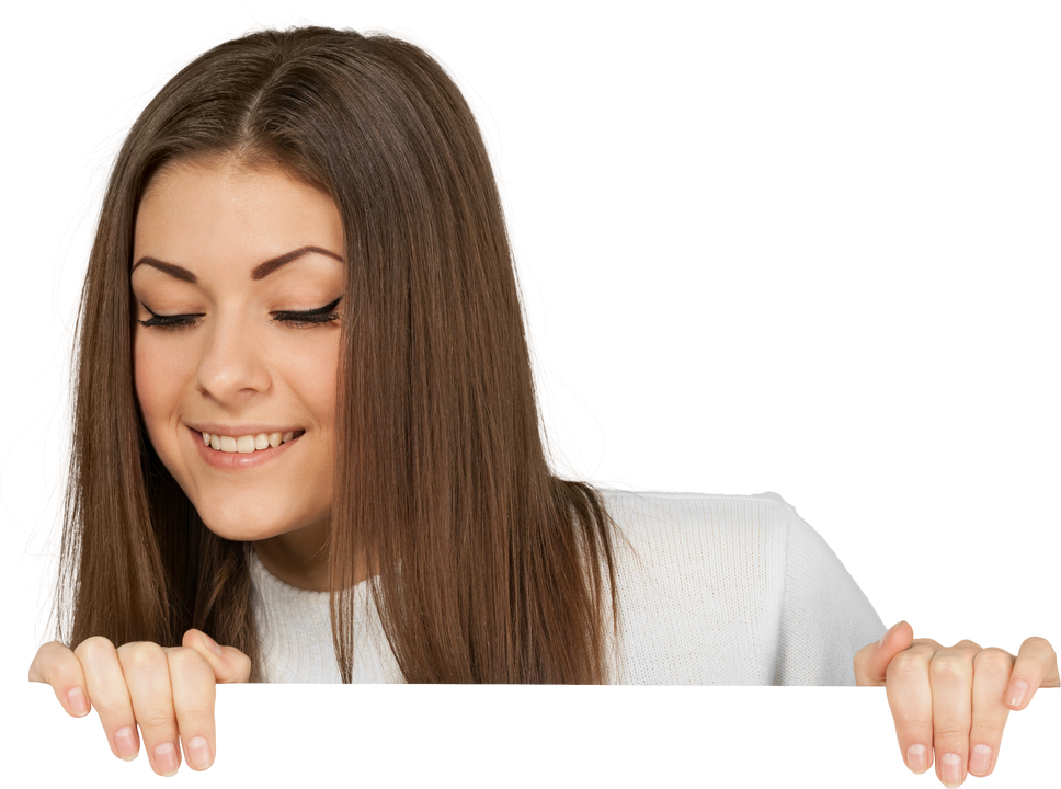 Woman Standing behind Invisible Wall and Looking down - Isolated